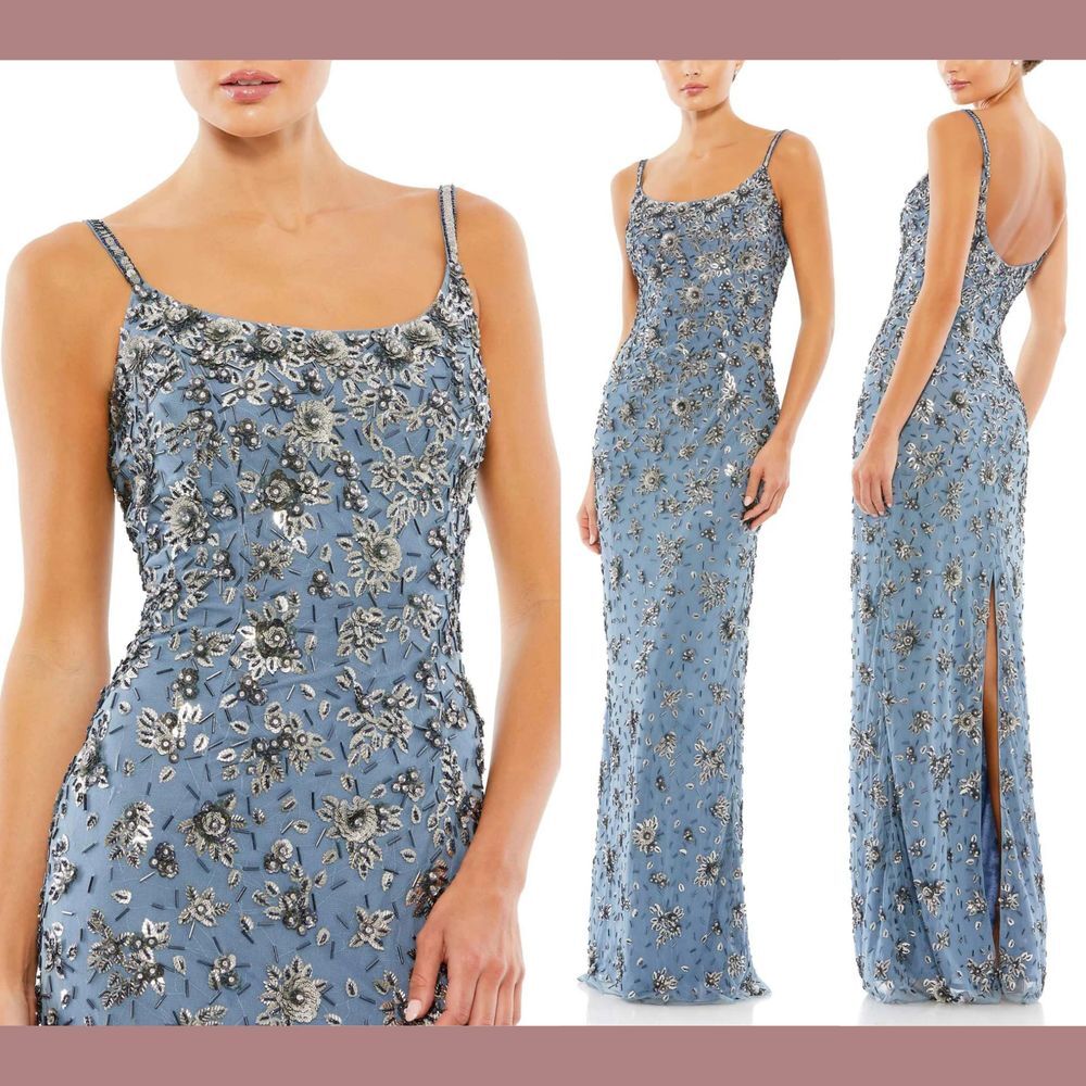 NWT $598 Mac Duggal [ 6 ] Floral Embellished Scoop Neck Gown‎ in Blue Grey #J12